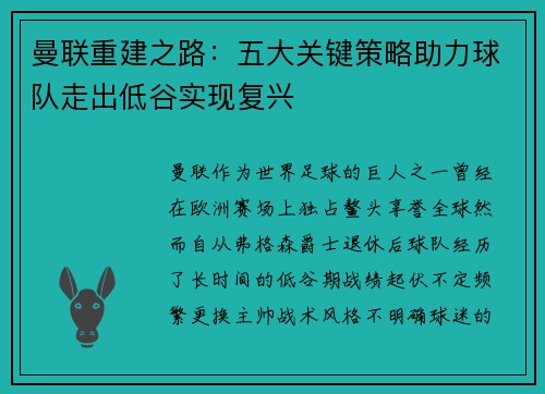 曼联重建之路：五大关键策略助力球队走出低谷实现复兴